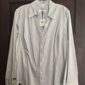 White and black vertical strip button down shirt